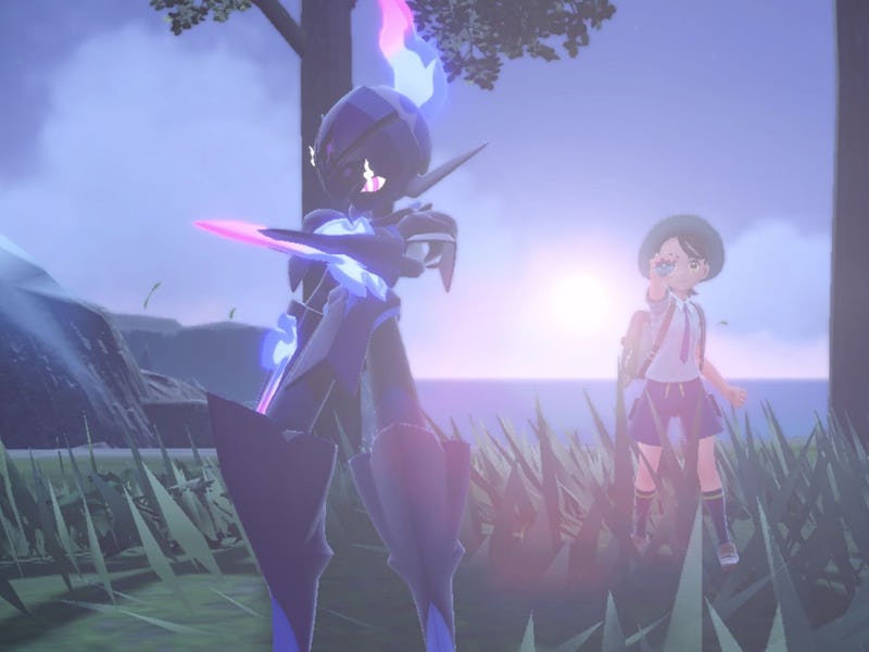 ceruledge crossing its arms next to trainer