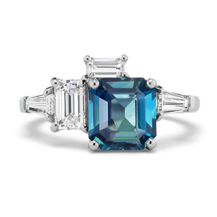Sheryl Jones Asscher Cut Blue/Green Sapphire Ring