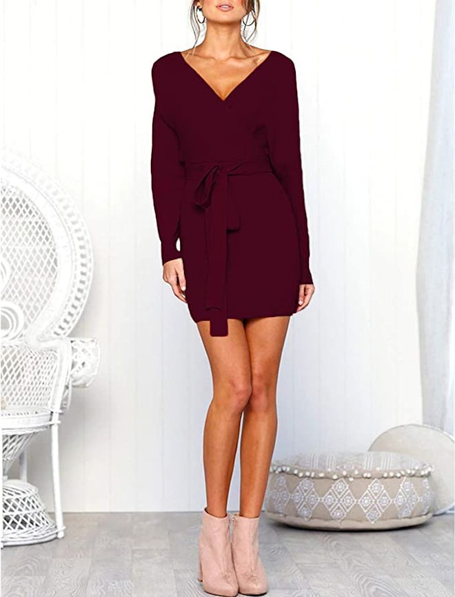 Mansy Batwing Backless Wrap Mini Sweater Dress
