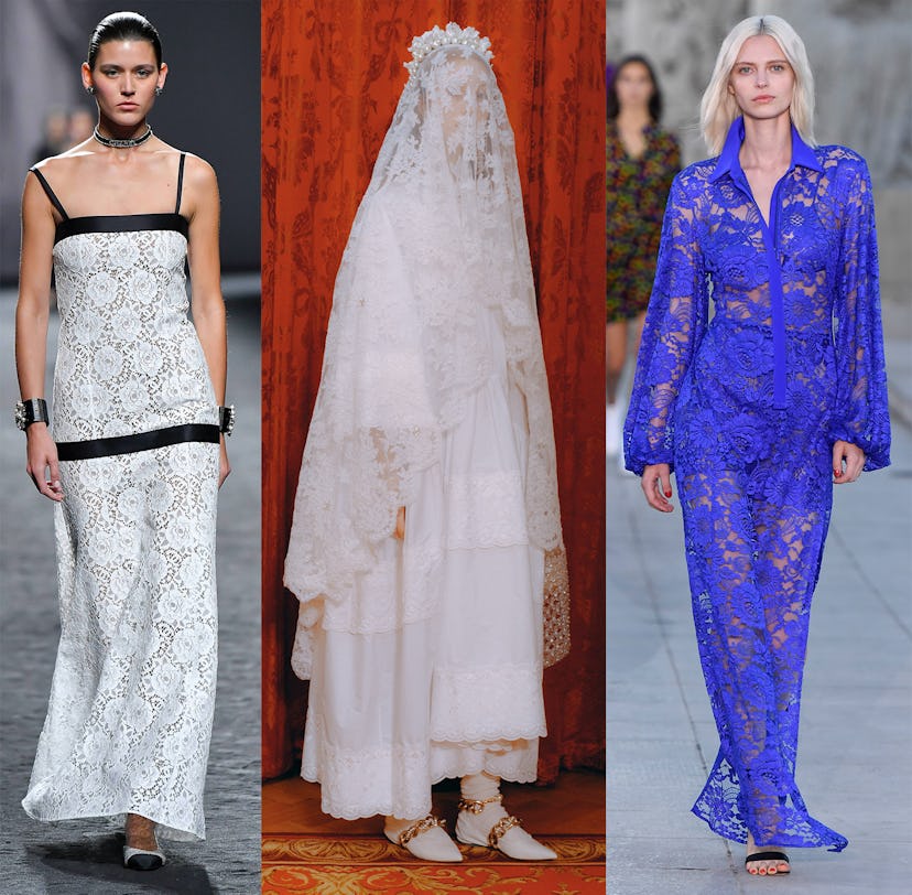 a triptych of three models wearing different lace ensembles, showcasing the variety of the material