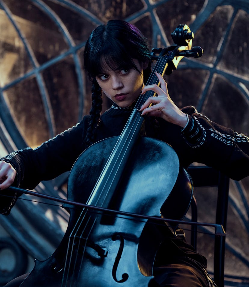 Wednesday plays cello covers of rock songs as part of the 'Wednesday' soundtrack.
