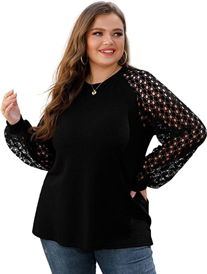 OLRIK Lace Sleeve Waffle Knit Blouse