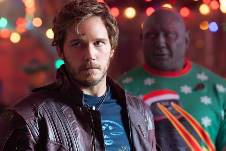 Peter Quill/Star-Lord (Chris Pratt) and Drax (Dave Bautista) celebrate Christmas in the Guardians of...
