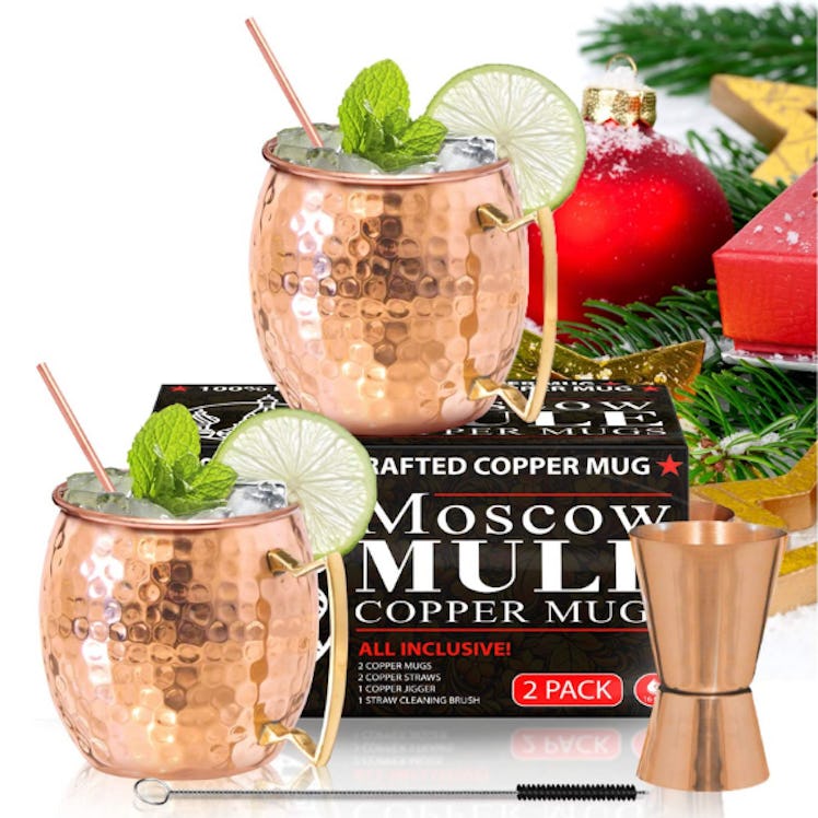 Benicci Moscow Mule Copper Mugs (Set of 2) with Straws & Jigger