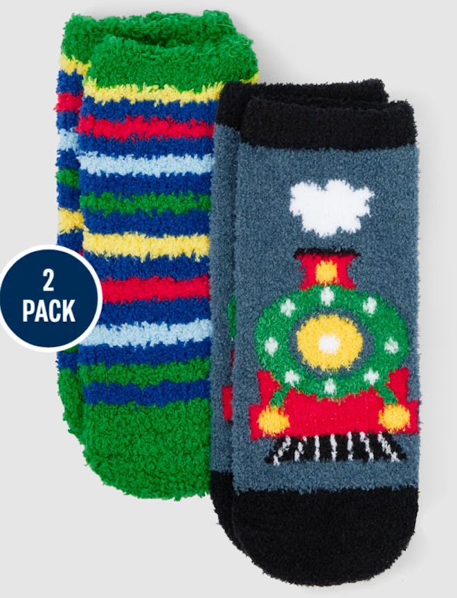 The Toddler Boys Train Cozy Socks 2-Pack is one of the best stocking stuffers for kids.