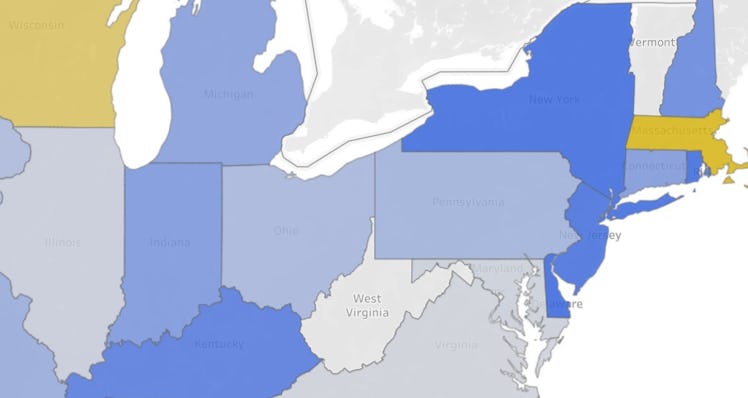 a section of a map from Rent.com showing increasing and decreasing rental prices.