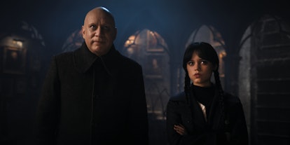 Fred Armisen as Uncle Fester, Jenna Ortega as Wednesday Addams in episode 107 of Wednesday. Cr. Vlad...