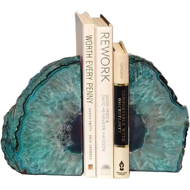AMOYSTONE Teal Agate Geode Bookends