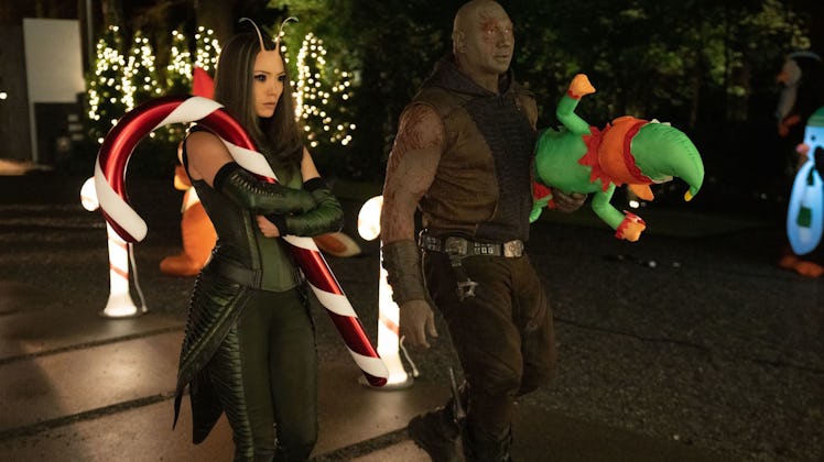 Pom Klementieff as Mantis and Dave Bautista as Drax in Marvel’s Guardians of the Galaxy Holiday Spec...
