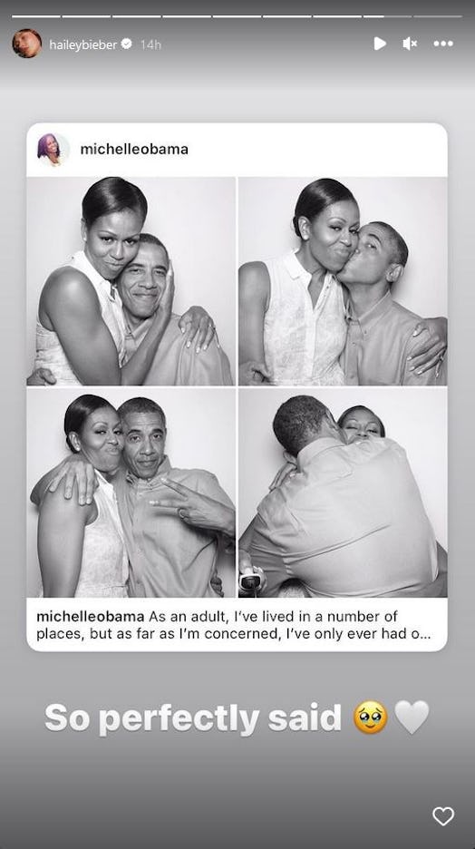Hailey Bieber applauded Michelle Obama's marriage advice in an Instagram story.