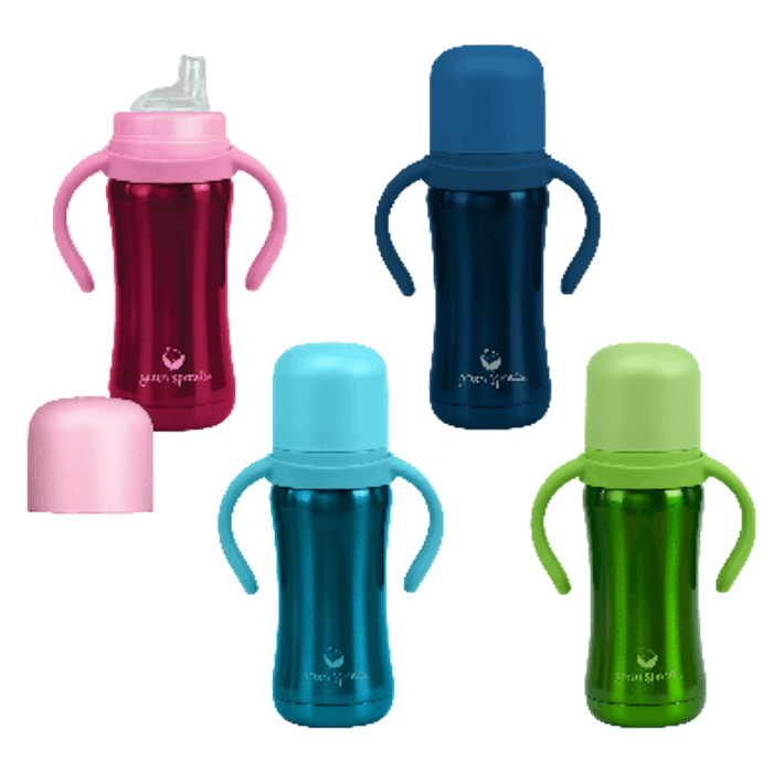 An array of sippy cups and bottles on a green background; Green Sprouts issued a recall of more than...