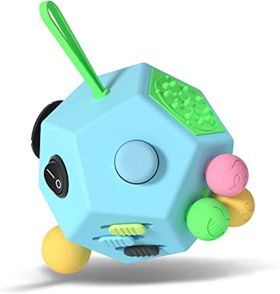 A blue 12-sided fidget cube with neon buttons and accents