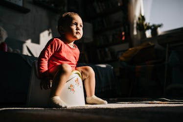 A toddler sitting on a potty.