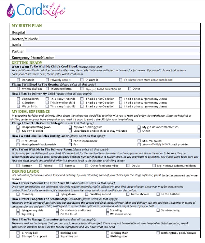 Printable birth plan template that also describes what is standard practice in most births