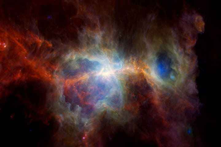 This infrared image of the Orion Nebula features plenty of dust but no stars. In these infrared wave...