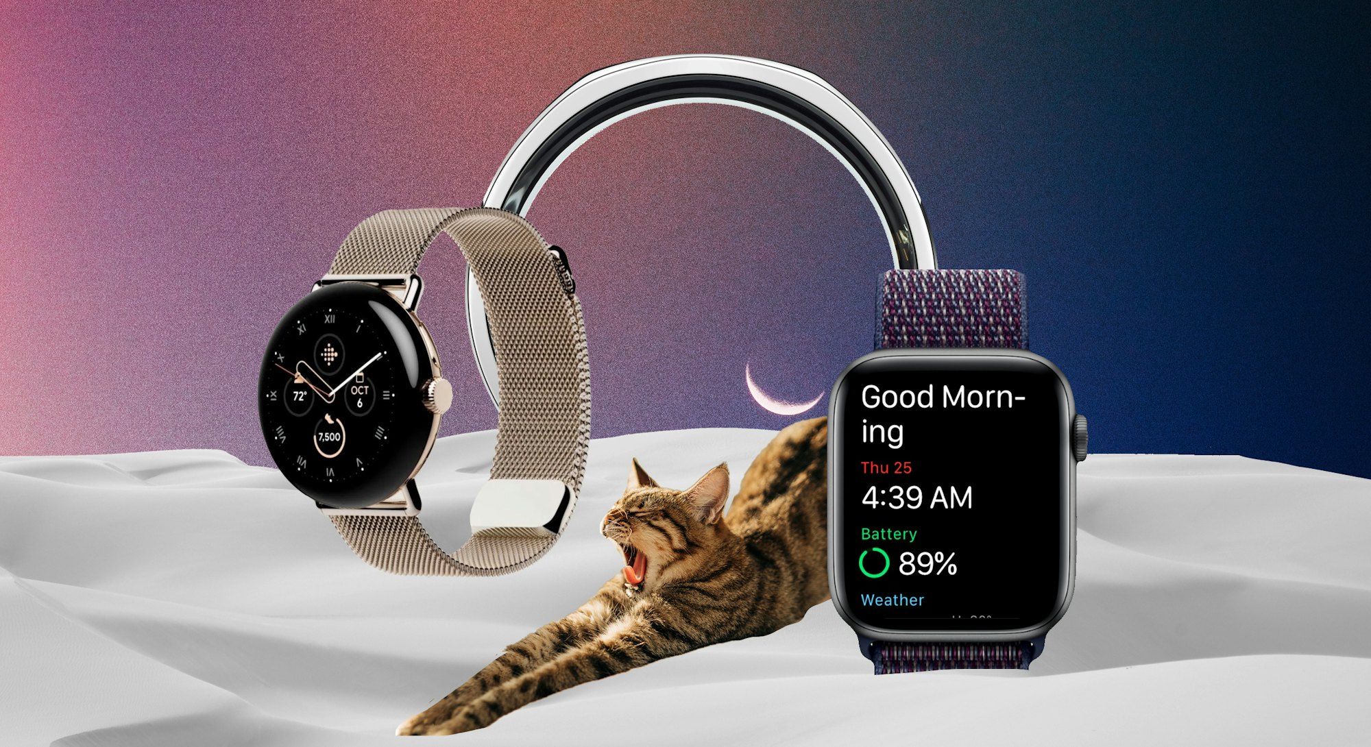 The Pixel Watch, Oura Ring, and Apple Watch, with a cat yawning in-between them.