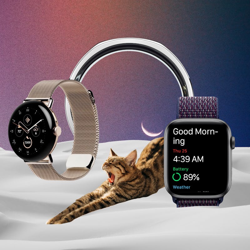 The Pixel Watch, Oura Ring, and Apple Watch, with a cat yawning in-between them.
