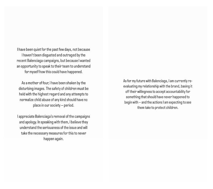 Kim Kardashian's statement on the Balenciaga ad controversy as seen on her Instagram Stories. 