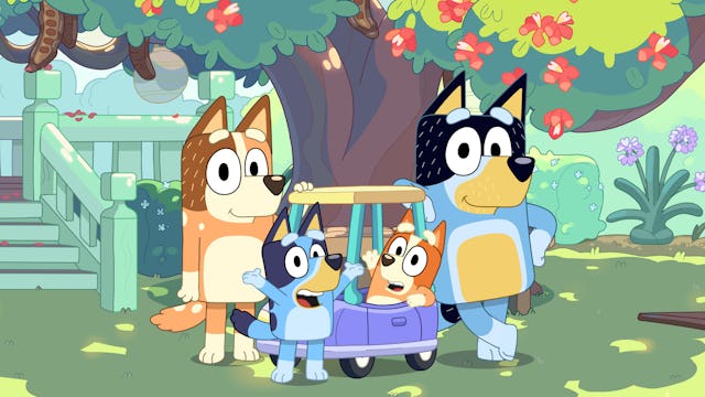 "Bluey" voice star Melanie Zanetti talks to Scary Mommy. Pictured here from left: Chilli, Bluey, Bin...