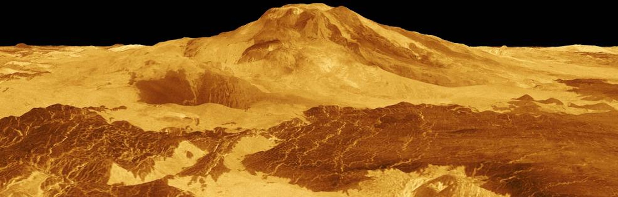 This is a computer-generated, three-dimensional perspective of the surface of Venus showing Maat Mon...
