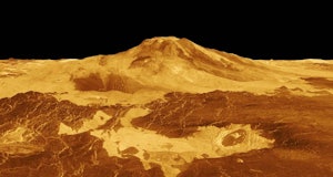 This is a computer-generated, three-dimensional perspective of the surface of Venus showing Maat Mon...