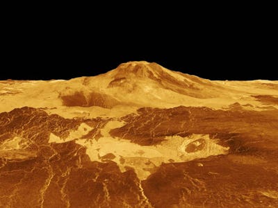 This is a computer-generated, three-dimensional perspective of the surface of Venus showing Maat Mon...