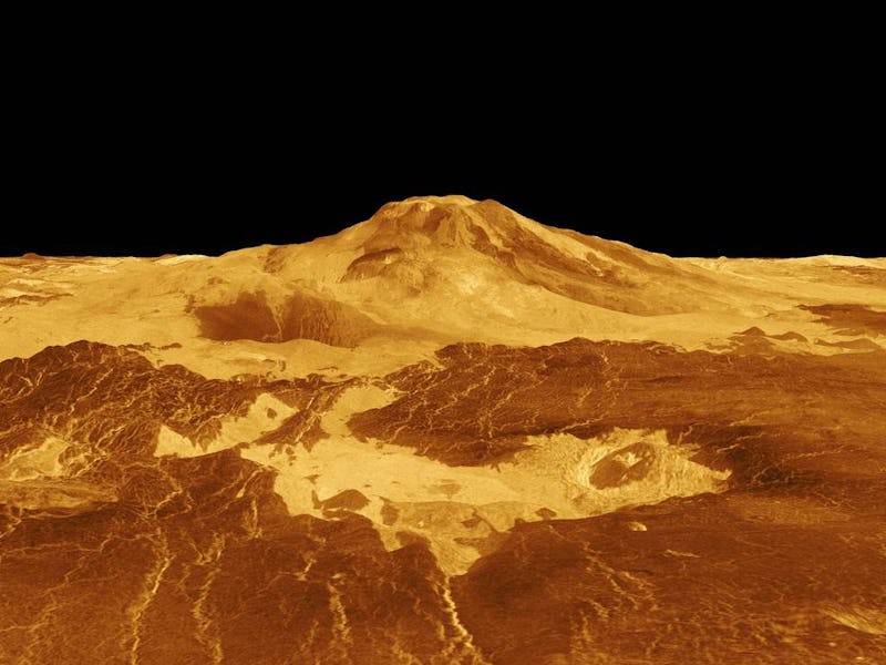 This is a computer-generated, three-dimensional perspective of the surface of Venus showing Maat Mon...