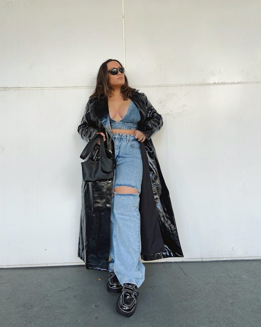 Model wears a Good American denim set with black Circus by Sam Edelman loafers.