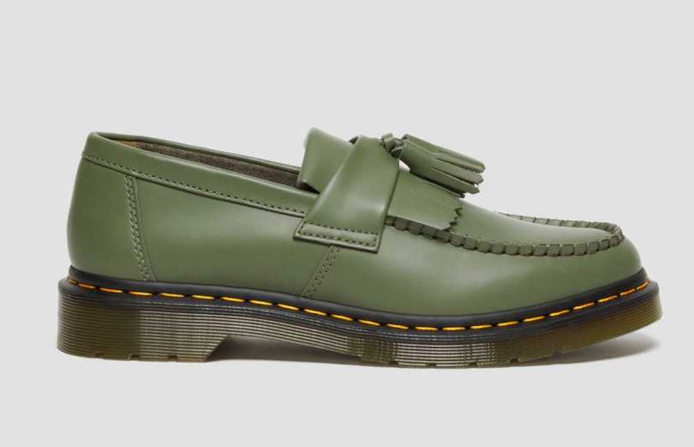 Adrian Yellow Stitch Leather Tassel Loafers in Khaki Green