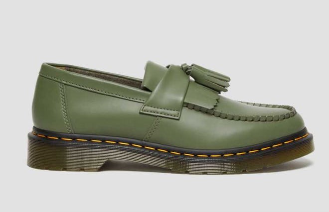 Adrian Yellow Stitch Leather Tassel Loafers in Khaki Green