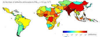 A figure from the study shows the number of stillbirths linked to PM2.5 air pollution in different c...