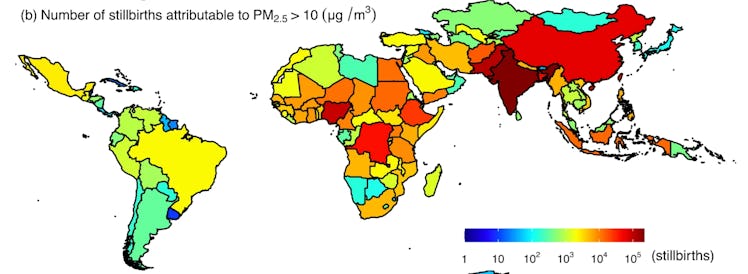 A figure from the study shows the number of stillbirths linked to PM2.5 air pollution in different c...