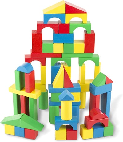 This Melissa & Doug Wooden Building Blocks 100-Piece Set is one of the top toys for 3-year-olds.