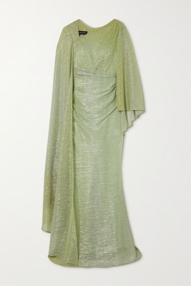 Talbot Runhof green draped cape gown