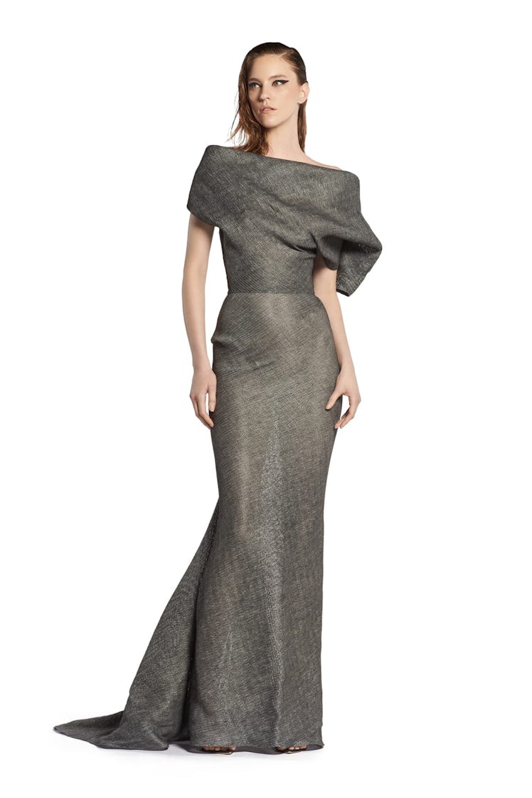 Maticevski hooded sheer gray gown