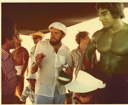 Kenneth Johnson and Lou Ferrigno on the set of The Incredible Hulk.