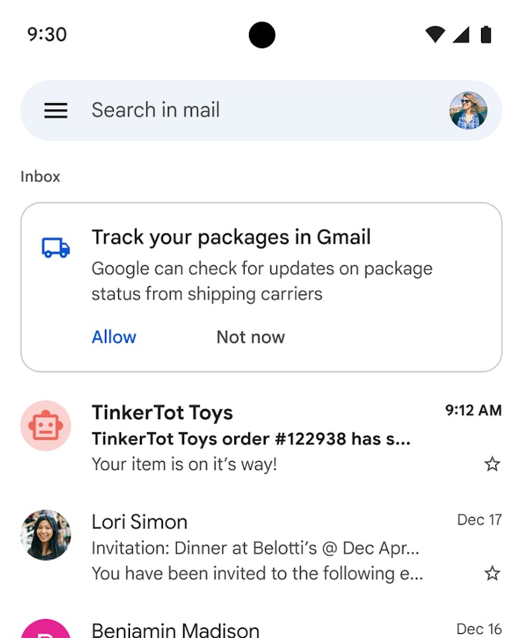 Google's package tracking feature on Gmail