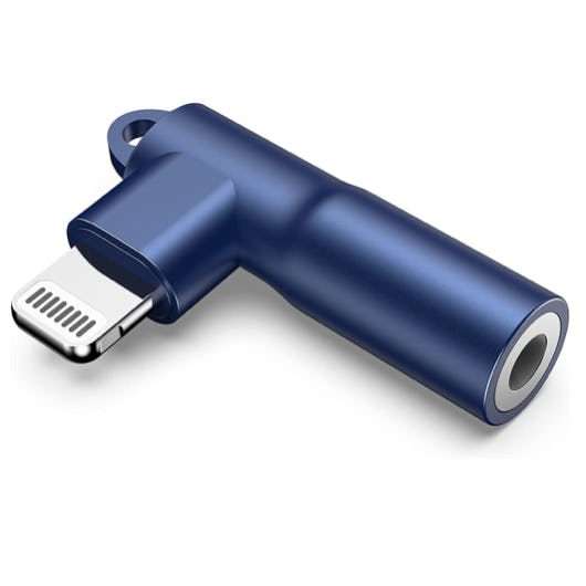 This iPhone headphone adapter features a cordless, right-angle design.