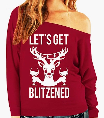 NoBull Woman Apparel "Let's Get Blitzened" Christmas Slouchy Sweatshirt Scarlet Wine