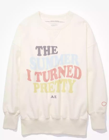 American Eagle's The Summer I Turned Pretty Sweatshirt in cream with a wavy print.