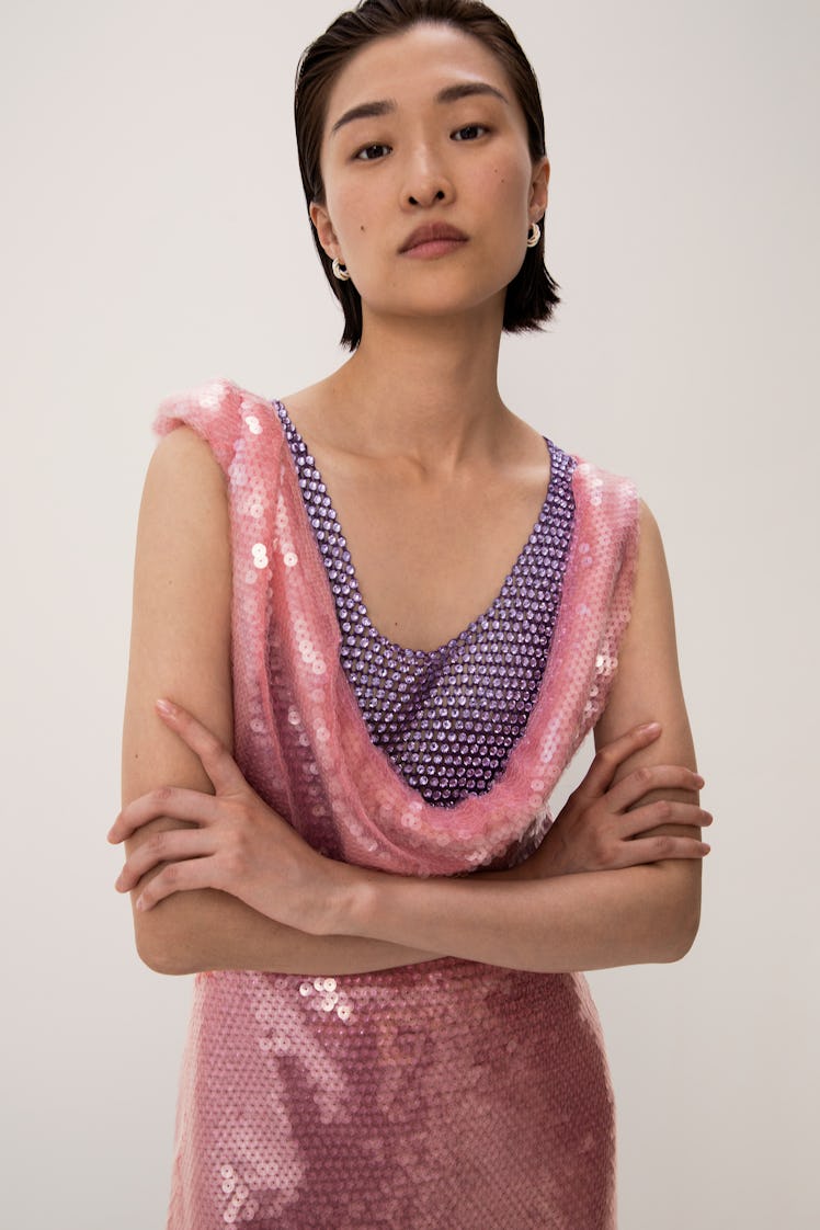 A Bottega Veneta sequin dress worn by a female model