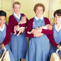 BBC One 'Call The Midwife' cast picture, starring Helen George who portrays Trixie Franklin