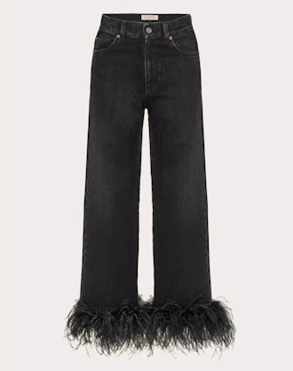 Valentino Denim Jeans Embroidered With Feathers