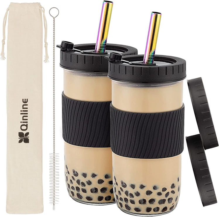 Qinline Reusable Boba Cup Glass Bubble Tea Cup 2 Pack