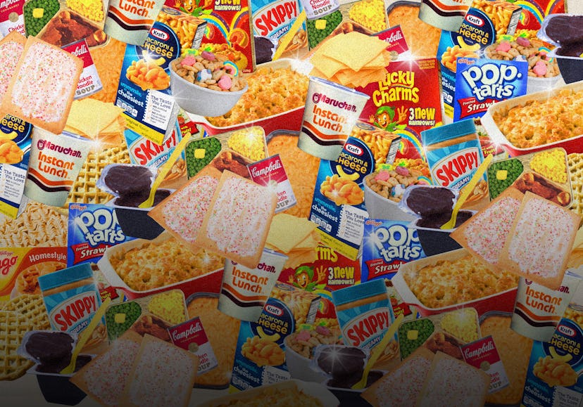 Collage of classic '80s and '90s pantry favorites including instant lunch, pop tarts, campbells soup...