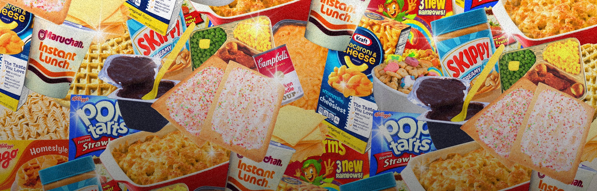 Collage of classic '80s and '90s pantry favorites including instant lunch, pop tarts, campbells soup...