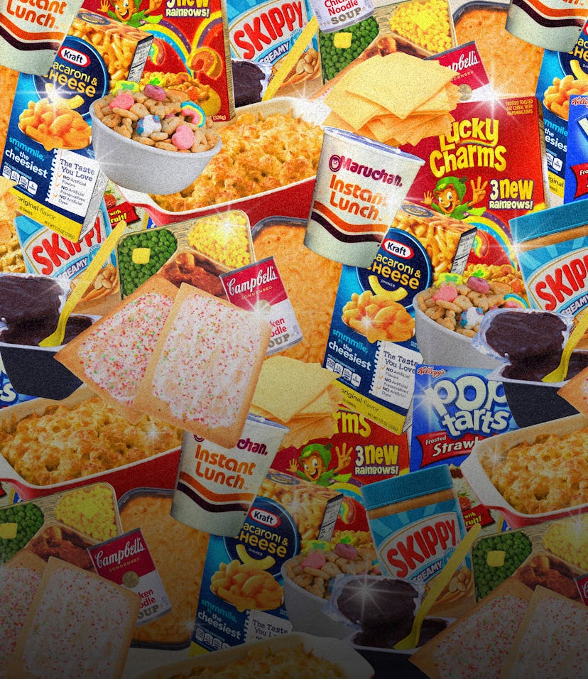 Collage of classic '80s and '90s pantry favorites including instant lunch, pop tarts, campbells soup...
