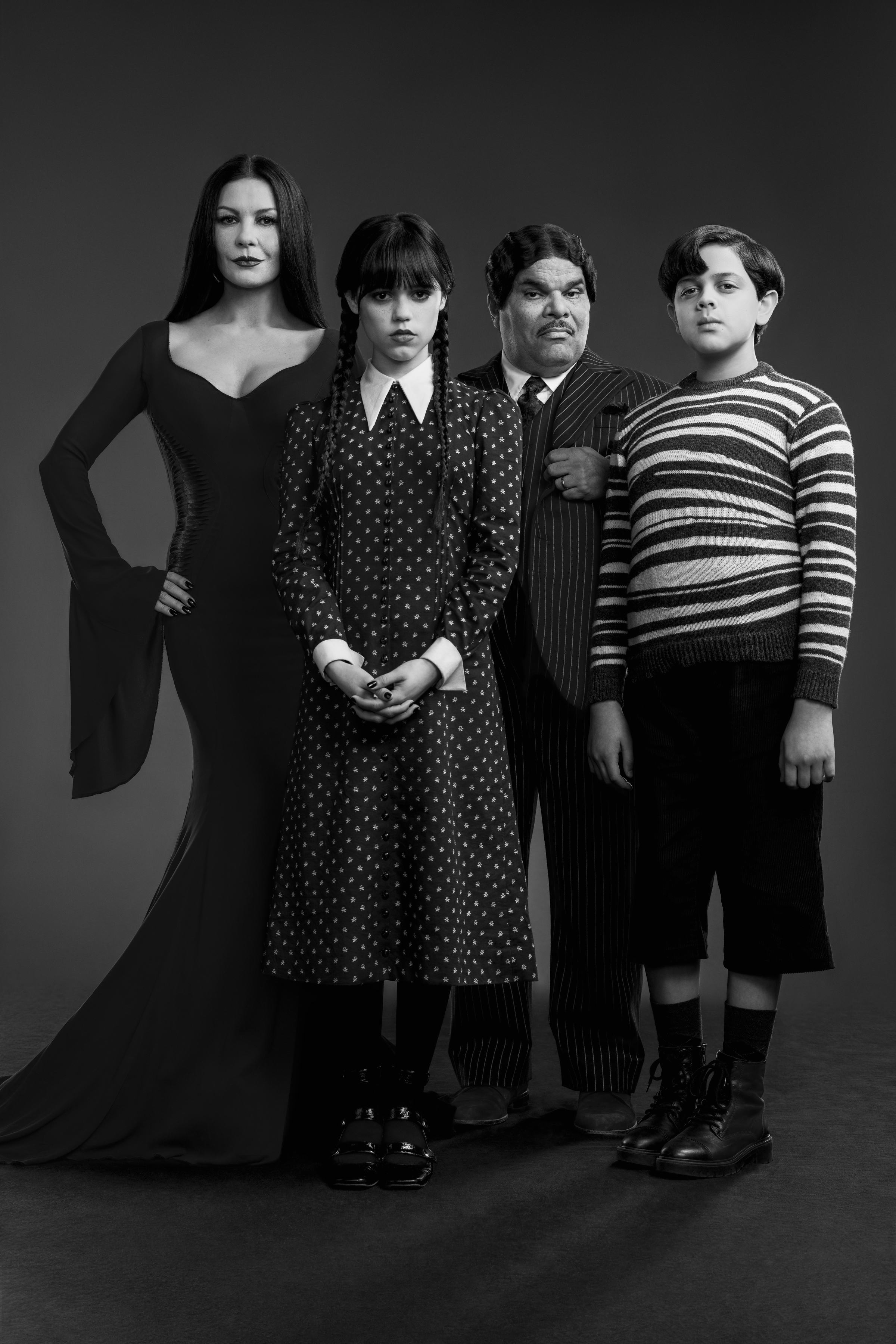 The Addams Family, as seen in 'Wednesday', in black and white.