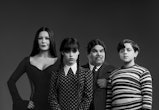 The Addams Family, as seen in 'Wednesday', in black and white.