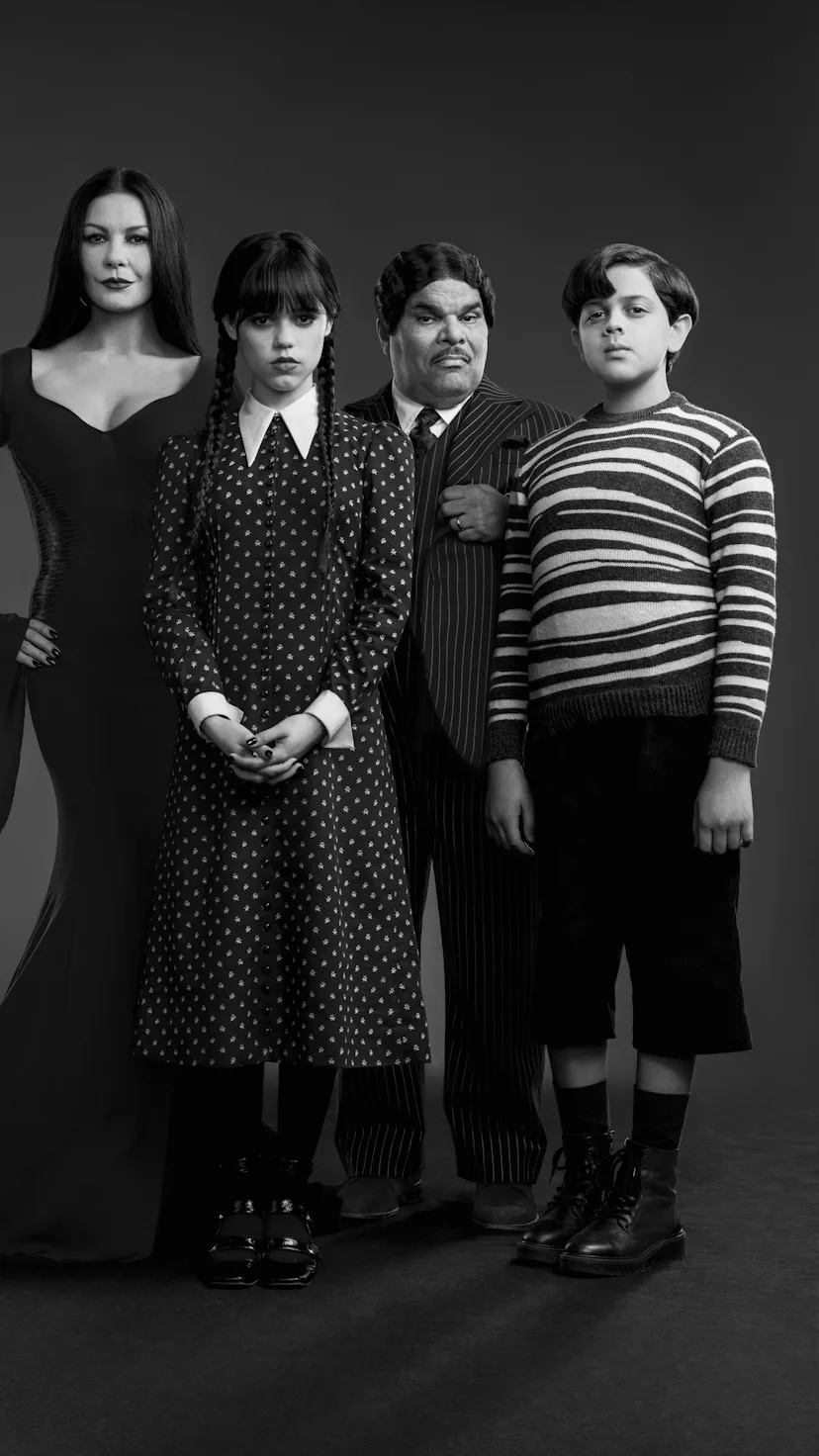 The Addams Family, as seen in 'Wednesday', in black and white.